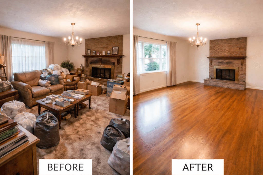 This shows a before and after photo of a whole house cleaned out for an estate sale.